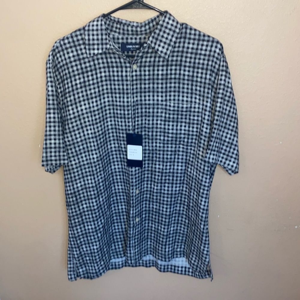 NWT Línea Rosso Black white Plaid Collar Button Up Pocket Short Sleeve Medium